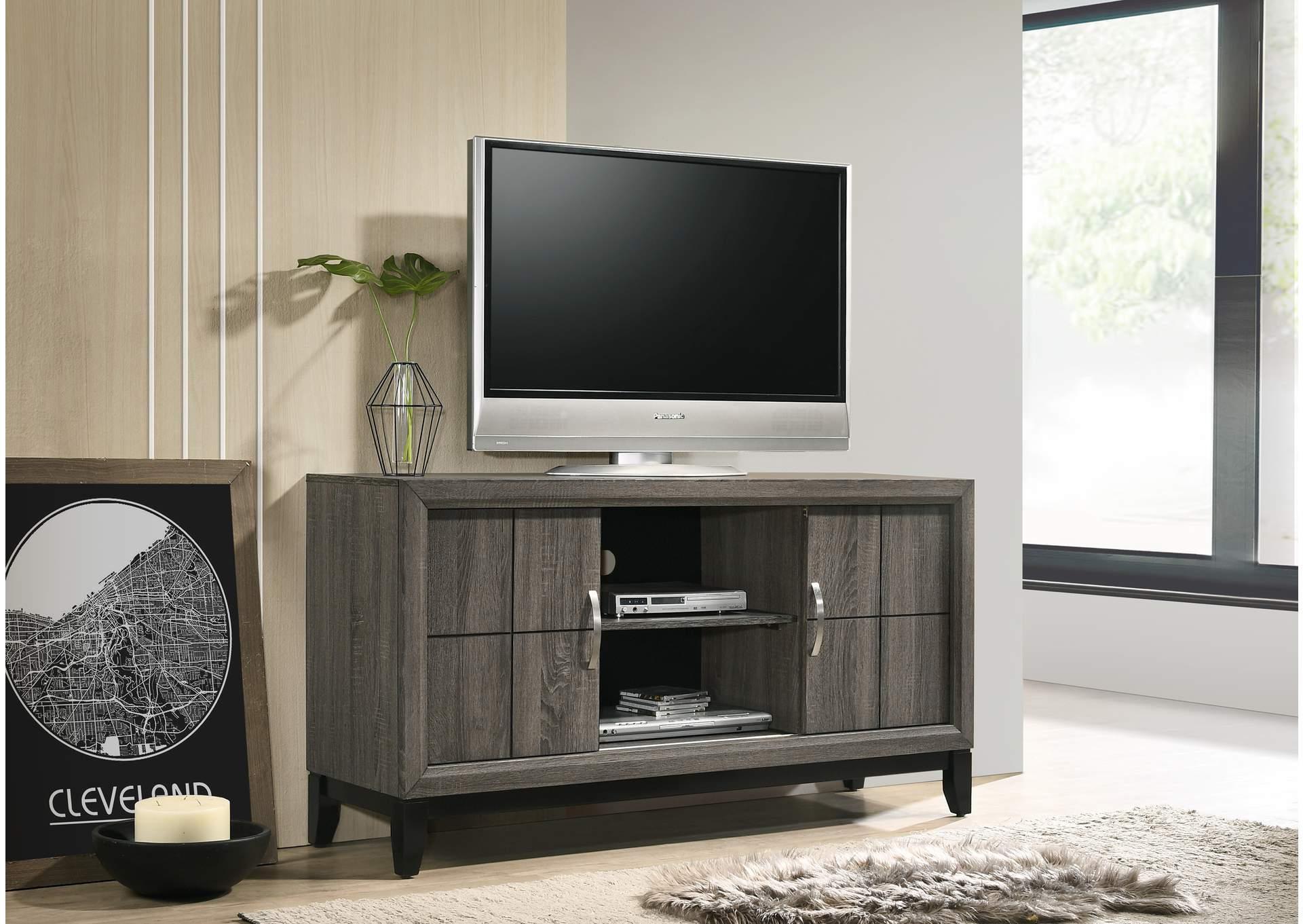 Gray tv stand with 2 sliding doors